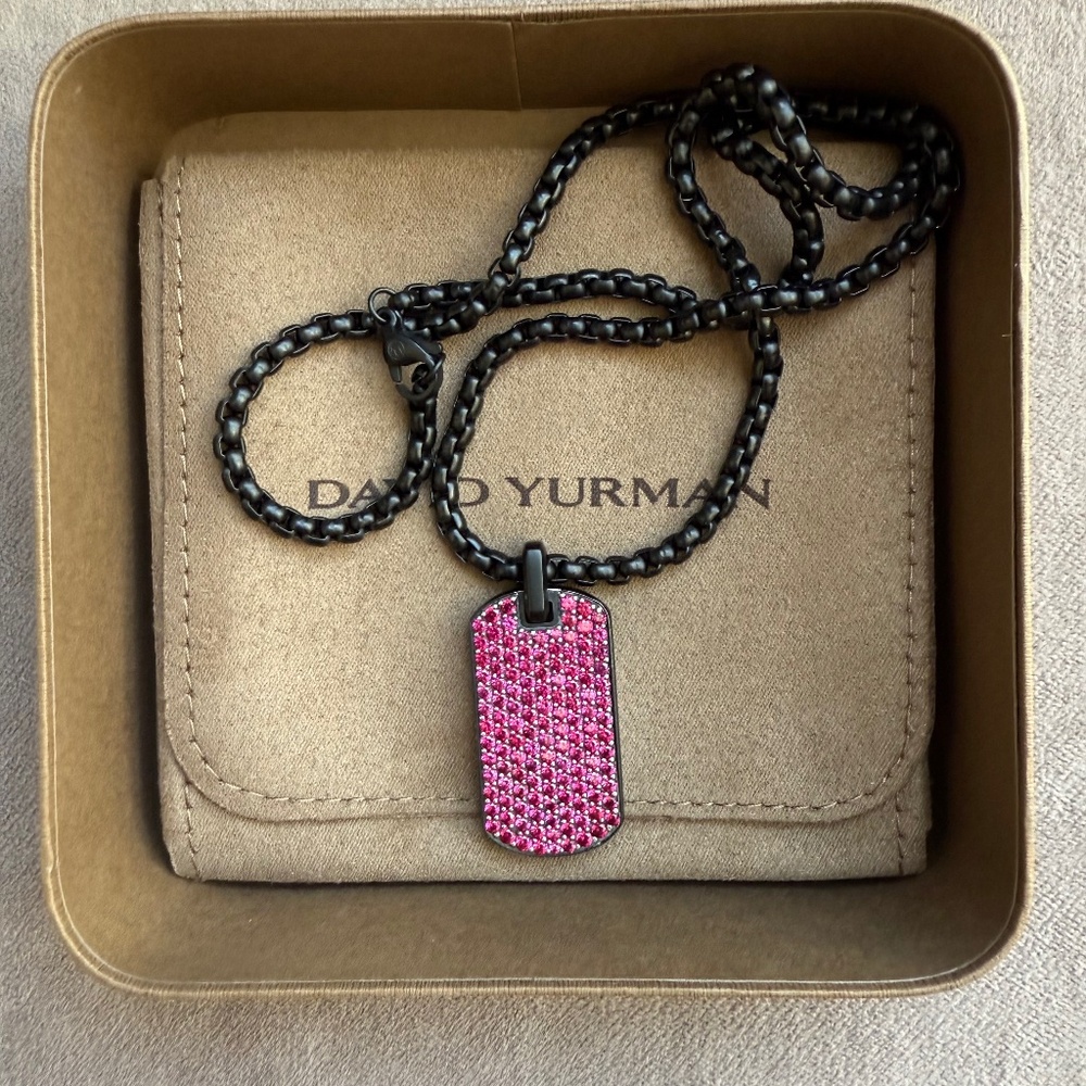 DAVID YURMAN Chevron Tag Black Titanium with Rubbies, 35mm w/DY chain